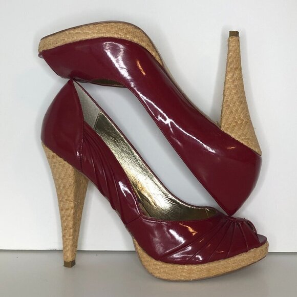 STEVE MADDEN Heels Women's Size US9 Red Tan Richh Leather Peep Toe Shoes - Picture 10 of 11